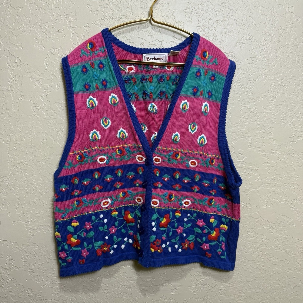 Knit Sweater Vest Embroidered Embellished Colorful Cottagecore Grannycore Sz L